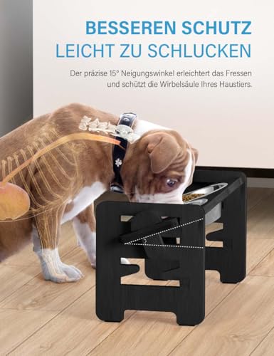 Vantic Hundenapf erhöht mit Ständer, Hundebar höhenverstellbar Futternapf für kleine Hunde und Katzen, haltbar Futterbar Futterstation Bambus mit 2 Edelstahlnäpfen und Rutschfesten Füßen(Schwarz)