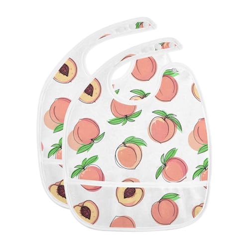 MCHIVER Peach Fruit White Baby Bibs for tag1 Waterproof Feeding Bib Apron with Food Cather Adjustable Cotton Food Eating Bib 2 Pack