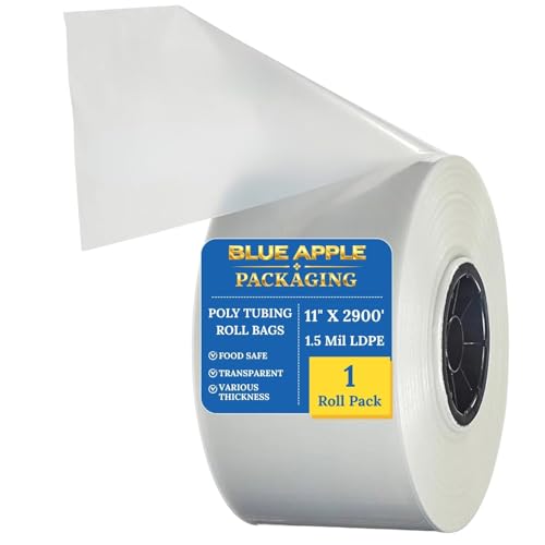 BLUE APPLE PACKAGING 11" X 2900' Poly Tubing Roll 1.5 Mil (Pack of 1 Roll) LDPE Clear Packaging Film Customizing for Food Industrial Retail Storage Heat Sealable Poly Plastic Bags