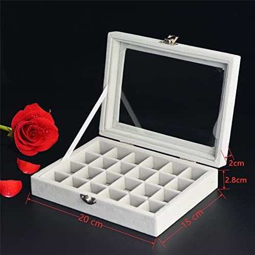 SUPPRUI Earrings Storage Organiser Velvet Jewellery Rings Display Box with Clear Lid Showcase for Home, Shop, Dressing Room (Grey-24Grids)