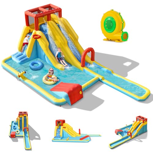 GOPLUS Château Gonflable XXL Extérieur Aquatique avec Souffleur avec Piscine,Pistolet d’Eau Toboggan Aquatique pour Enfants 3-10 Ans(Slide, avec Gonfleur 680W)