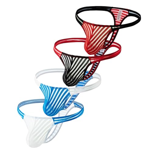 Gogobear Men's Striped Briefs Mesh Translucent G String Thongs Low Waist Underwear U Convex T Back Thong 3-4 Pack