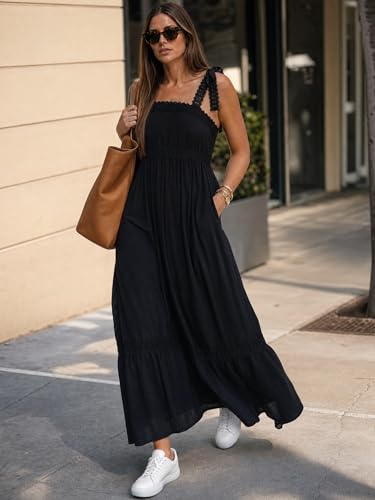 Image of Opemiby Womens Maxi Dress Spring Summer Sleeveless Lace Strap Empire Waist A Line Side Pockets Beach Casual Long Dresses
