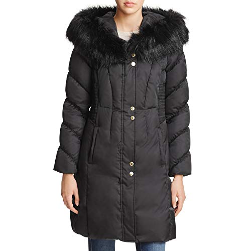 Via Spiga Women's Faux Fur Trim Cinch Waist Mid-Length Puffer Coat Black Size S