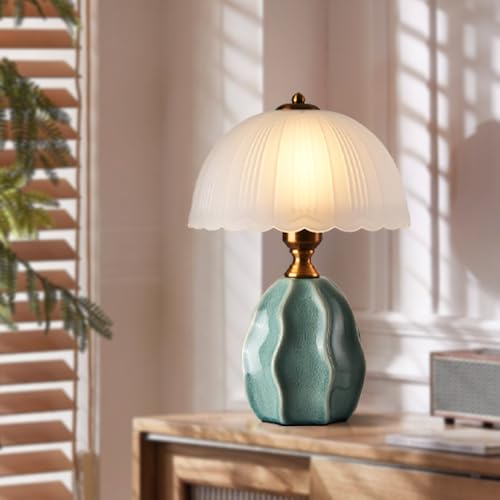 WOSBO Vintage Table Lamp, Green Ceramic Chinoiserie Lamp 14.2" Frosted White Wave Edge Lampshade Retro Traditional Table Light for Bedside Nightstand Living Room by WOSBO - Used condition - US$21.08