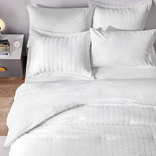 Cozylux Queen Bed In A Bag White Seersucker Comforter Set With Sheets 7-Pieces All Season Bedding Sets With Comforter, Pillow Sham, Flat Sheet, Fitted Sheet And Pillowcase #TOP3