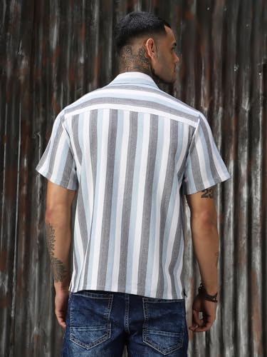 Image of High Star Men Strip Cotton Relaxed Fit Collar Short Sleeve Shirts 36