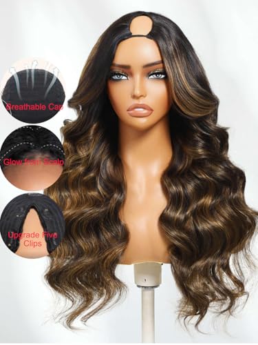 Image of Beauty Forever V Part Wig Human Hair Balayage Brown Highlight Loose Wave Face Framing EasiContour Vpart Wigs Magic Leave Out Upgrade U Part Human Hair Ready to Go Drawstring Wig 150% Density 20inch