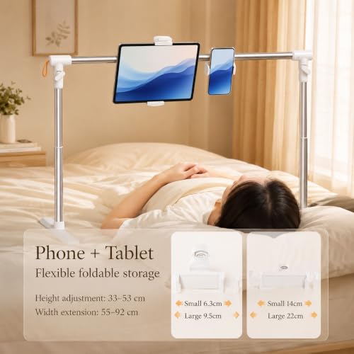 Image of BIJASANI Overhead Bed Stand for Phone & Tablet - Foldable, Height & Width Adjustable Floor Stand with 2 Separate Clips (Phone + Tablet) | Use Both Together | 360 Rotation, Fits 4-12.9 inch Devices