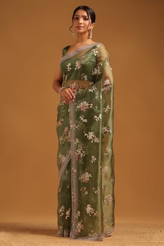 Image of Soch Womens Organza Floral Saree With Stone Work