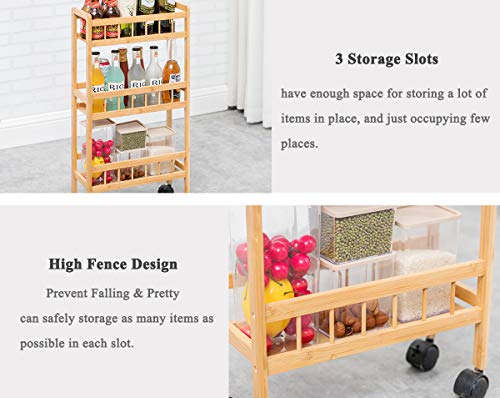 Copree Bamboo 3-Tier Kitchen Removable Storage Cart, Slim Slide Out Rolling Pantry Shelf #TOP2