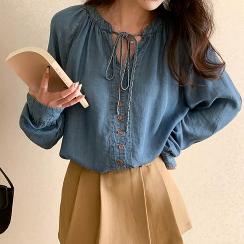 Women's Denim Pullover Puff Long Sleeve Tie Front Loose Cute Going Out Jean Shirts4