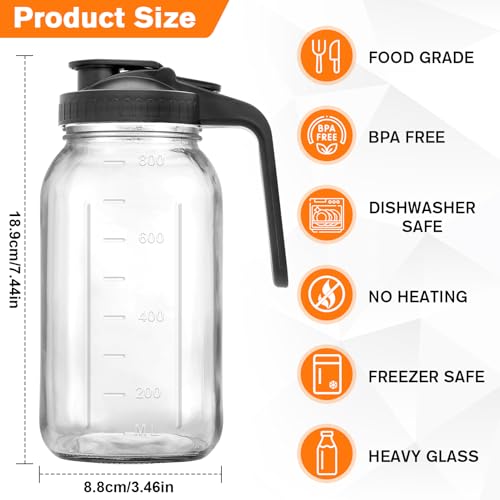 32 oz Glass Mason Jar Pitcher with Pour Spout & Handle, Wide Mouth Leak-Proof Jug for Cold Brew Coffee, Iced Tea, Juice, Lemonade, Sun Tea, Fruit Drinks, Airtight Lid for Fridge Storage (1 Quart) - Image 3
