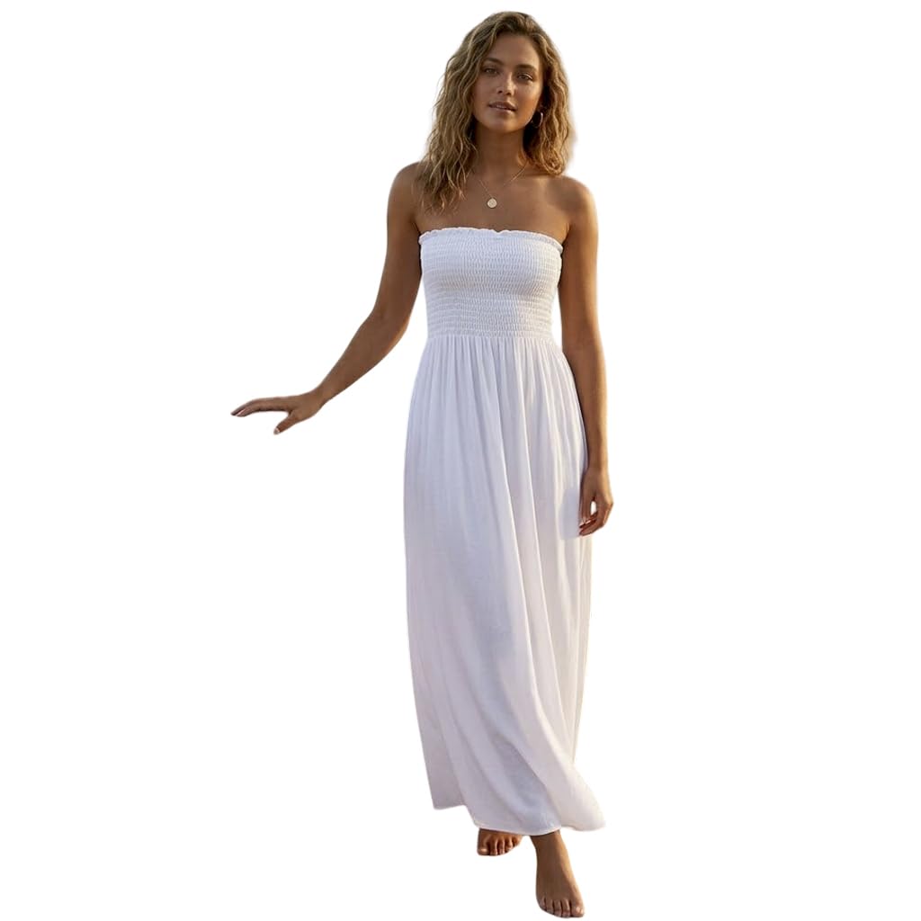 Party HuB Women’s Plain Shirred Bandeau Maxi Dress Strapless Ruched Boob Tube Long Maxi Dress Stretch Jersey Summer Beach Dress White