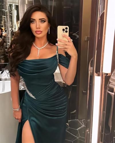 Mermaid Prom Dresses for Women Sparkly Beaded Satin Formal Dress with Slit Off Shoulder LW1333