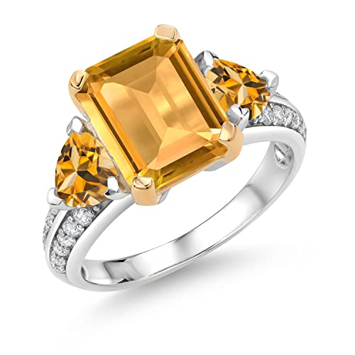 Gem Stone King 925 Sterling Silver and 10k Yellow Gold Yellow Citrine 3 Stone Engagement Ring For Women (3.91 Cttw, Emerald Cut Cut 10X8MM, Available In Size 5, 6, 7, 8, 9)