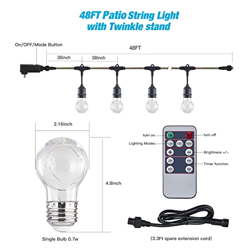 Ipstank Outdoor String Lights, 48Ft Warm White Patio Light String Ip65 Patio Lights Light Bulbs Twinkle Stand, Weatherproof And Shatterproof, Decorative For Cafe, Patio, Porch And Party #TOP4