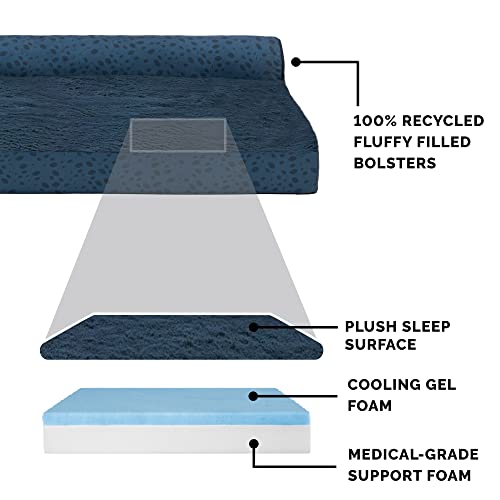 Image of Furhaven Cooling Gel Dog Bed for Large /Medium Dogs w / Removable Bolsters & Washable Cover, For Dogs Up to 55 lbs - Plush & Almond Print L Shaped Chaise - Blue Almonds, Large