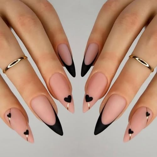 Yamobi 24 uñas postizas francesas de tamaño mediano en forma de almendra con diseño de corazón negro, línea dorada para pegar las uñas, para pegar uñas postizas