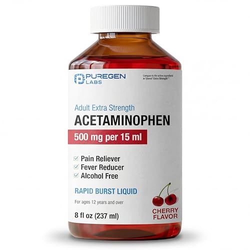 Puregen Labs Adult Extra Strength Acetaminophen Liquid 500mg/15ml - 8 fl oz Rapid Burst Pain Reliever/Fever Reducer Cherry Flavor | Muscle & Joint Pain Relief | Arthritis Pain Relief