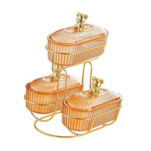 FytStycale Bandeja de Frutas Bandeja de Almacenamiento para Verduras Organizadora de Frutas Y Dulces de Postres con Divisiones Y Tapa de PP Y Hierro, Marrón con Oso, Individual
