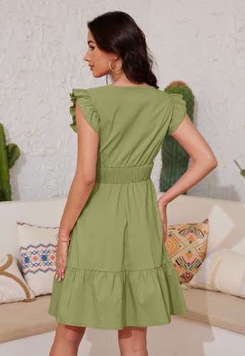 Image of Jayscreate Women's Ruffle Sleeve Layered Dress Pockets Elastic Waist 2025 V Neck Above Knee Summer Casual Cute Dress