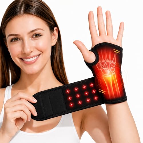 Red Light Therapy for Wrist, Carpal Tunnel Support Device with Heat Vibration, Wrist Massager with 36 LED 660nm/850nm, Cordless Heating Pad Wrap, 3000mAh Rechargeable for Hand Comfort Daily Relaxation
