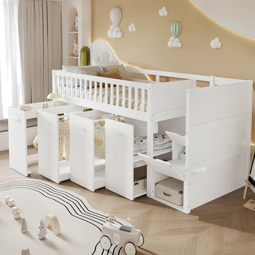 Merax Kinderbett Hochbett 90x200cm, Halbhohes Bett mit Kleiderschrank, Integrierter Schreibtisch, Sicherheitstreppe mit Stauraum, Platzsparendes Holzbett mit Fallschutz & Lattenrost, Jugendbett, Weiß