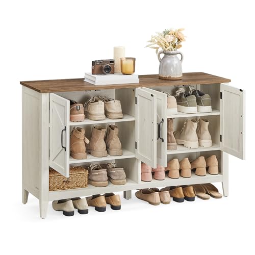 Image of VASAGLE LIRY Collection - Shoe Cabinet, 3-Tier Storage Organizer, Shoe Shelf, Farmhouse Freestanding Cabinet, Height-Adjustable Shelf, 13.8 x 47.2 x 27.6 Inches, Rustic White ULBC039W01