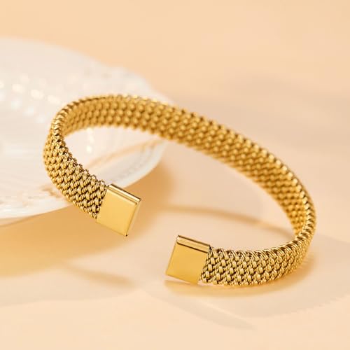Fashion Stainless Steel Braided Irregularly Mesh Open Cuff Bracelet4