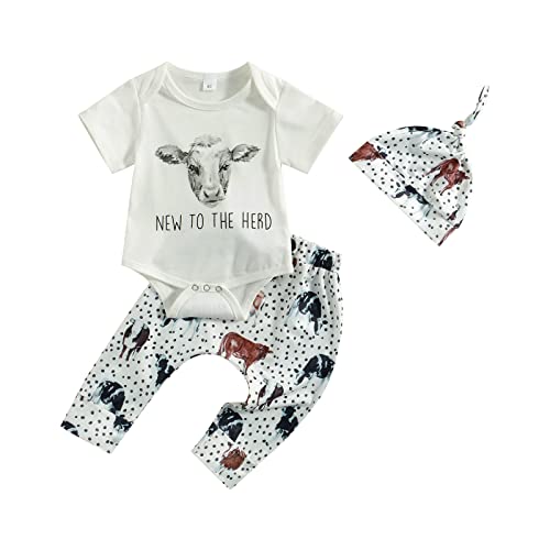 Image of Karuedoo Newborn Baby Boy Western Clothes Letter Print Romper Cow Print Pants Hat Set 3Pcs Coming Home Outfits(B-White, 0-3 Months)