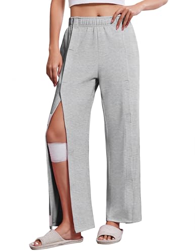Deyeek Post Surgery Pants for Women Snap On Tear Away Pants After Knee Hip Surgery Adaptive Open Leg Surgical Sweatpants Grey