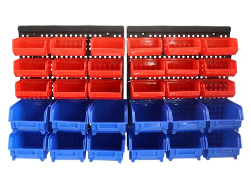 Secura 30x Stapelboxen Set - Kleinteilemagazin mit Wandhalterung - Etikettenfach, erweiterbar, stoßfest, Werkstattregal - Schwarz - Polypropylen (PP)