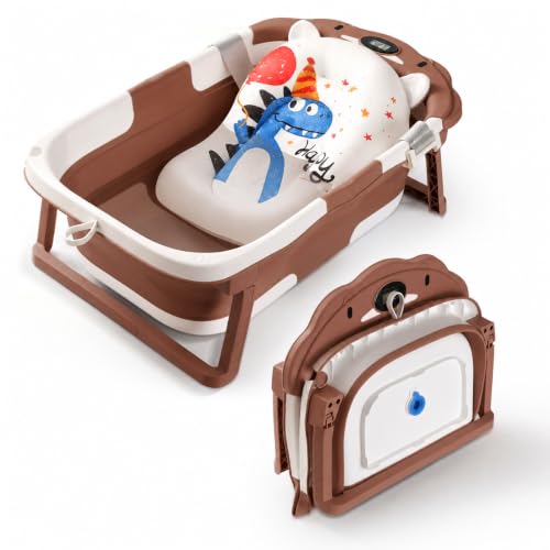 Image of Collapsible Bathtub,Bath Tub with Thermometer & Soft Floating Cushion,Portable Travel Tub (Bear Brown)