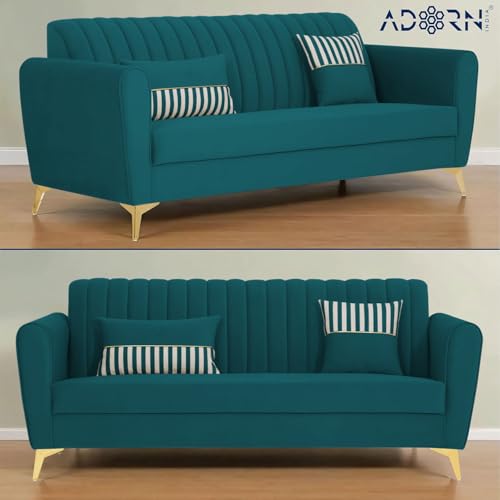 Image of Adorn India Premium Luster 3-2 Sofa Set | Velvet Suede Fabric | 3-Year Warranty | Color Ocean Blue with Golden Legs & Striped Pattern Cushion