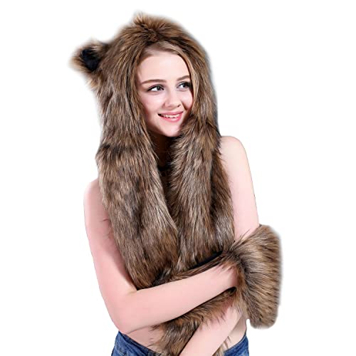 Faux Fur Animal Hat Plush Warm 3-in-1 Hat Scarf Gloves Set Winter Hood Cap for Halloween Xmas Cosplay Party4