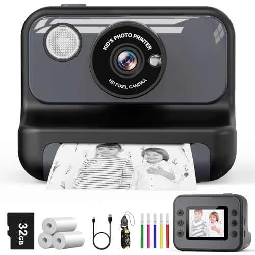 Camara Fotos Infantil Instantanea, 2.4'' Pantalla Cámara Instantánea Niños con Tarjeta 32GB y 3 Rollos de Papel, Regalo de Cumpleaños para Niños y Niñas de 3 a 12 Años