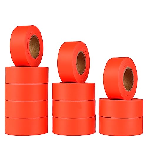 KIWIHUB Fluorescent Orange Flagging Tape 12 Rolls - Non-Adhesive Neon Marking Surveyors Caution Tape, for Tree Marking, Hunting, Boundaries Areas Marking, 1-3/16 in. x 150 ft,3.35 Mil Thick