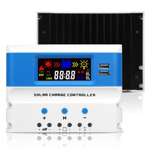 VIXKPIRR 30A PWM Controlador de Carga Solar 12V/24V Automático, Regulador de Carga Solar 30A para Panel Solar con Pantalla LCD Puerto USB, 12V/24V Regulador Solar Panel para Batería GEL/SLD/FLD/LI