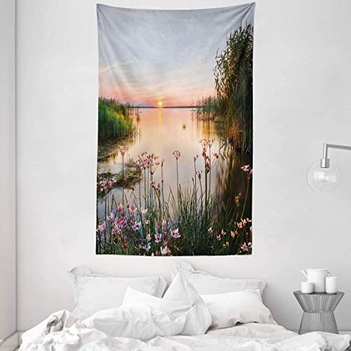 ABAKUHAUS Natur Wandteppich & Tagesdecke, Sonnenuntergang am See Chudskoy aus Weiches Mikrofaser Stoff Waschbar ohne Verblassen Digitaldruck, 140 x 230 cm,Baby Blue Hellrosa