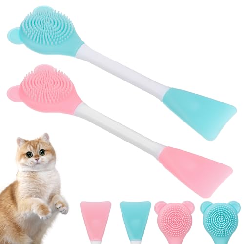Image of 2Pcs Cat Acne Chin Treatment Silicone Cats Brush Cats Grooming Rubber Brush for Chins Acne & Blackhead Exfoliatio, Cat Chin Scabs(Pink, Blue-Green)
