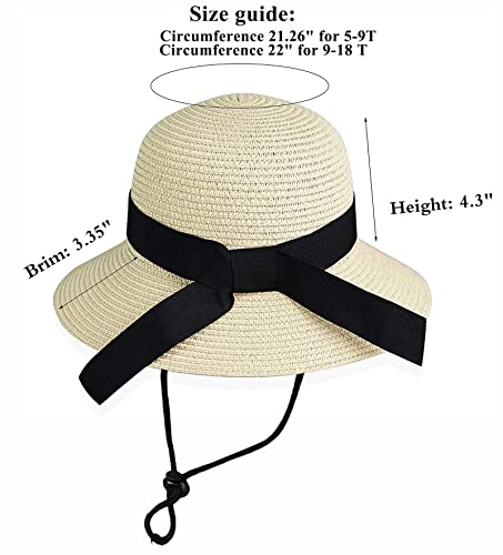 Girls Floppy Straw Hat Sun Hat for Teens Summer Wide-Brim Beach-Cap UPF50+ (20.47" for 2-5T,21.26" for 5-9T)3