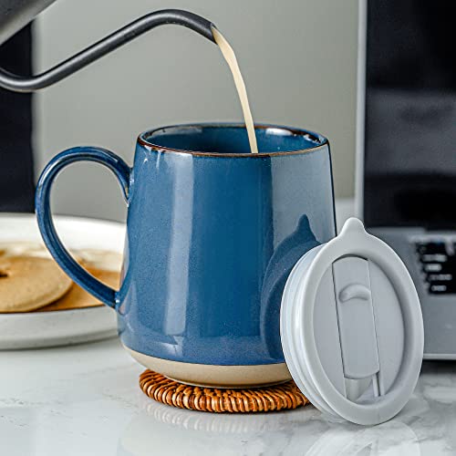 Hvh Ceramic Coffee Mug With Lid, 17Oz Coffee Mugs Set Of 4, Ceramic Coffee Cups Set With Large Handle, Large Ceramic Mug With Lid For Coffee, Tea And More, Farmhouse Style (Blue) #TOP4