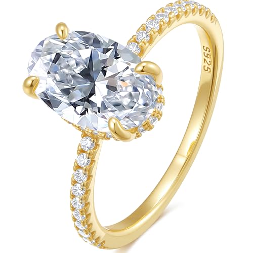 espere 3 Carat Oval Cut Moissanite Engagement Ring with Paved Band and Hidden Halo | 14K Gold Plated Sterling Silver Solitaire Bridal Ring | Anniversary for Her, Moissanite, Moissanite
