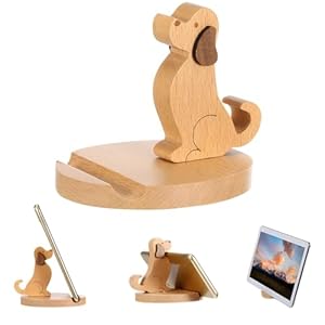 Kisangel Wooden Mobile Phone Holder Dog Shape Creative Anti-Slip Base Phone Stand Desk Bracket for Home Office Car Use