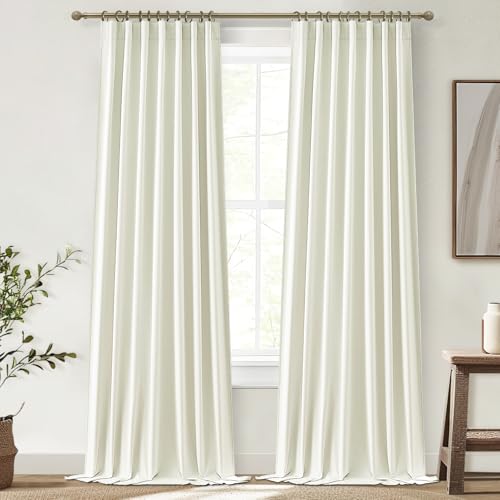 QJmydeco 90 Inch Blackout Curtains Light Cream Colored Boho, Thermal Insulated Curtains for Summer Heat for Bedroom/Living Room Linen Pleated Drapes 90 Inches Long Rod Pocket Hooks(50"x90"x2 Panels) by QJmydeco - Used condition - US$25.42