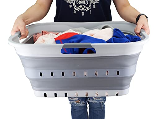 Image of SAMMART 42 (11 Gallons) Collapsible Plastic Laundry Basket, Foldable Pop Up Storage Container /Organizer, Space Saving Hamper, Portable Bin for Dorm Room Bathroom (2, Grey)