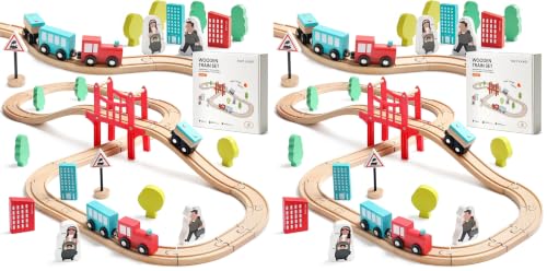 Image of Tiny Land Wooden Train Set for Toddler - 39 Pcs- with Wooden Tracks Compatible with Major Brands - Expandable, Changeable-Train Toy for 3 4 5 Years Old Girls & Boys (Pack of 2)