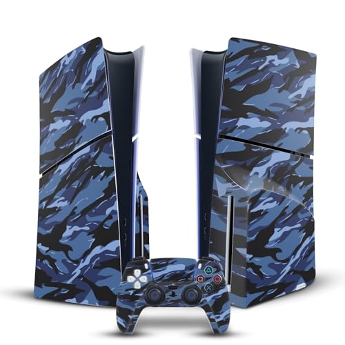 Couverture compatible Sony PlayStation 5 PS5 Slim vinyle bleu camo anti-rayure et bulles