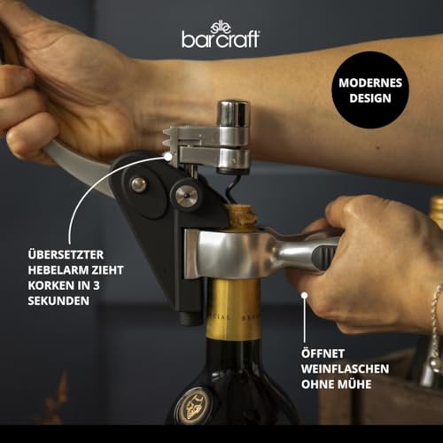 Foto von BarCraft Hebel-Korkenzieher und Weinflaschenöffner, mit Flaschenverschluss, Folienschneider und Ersatz-Antihaft-Schnecke, Metal Shimmer, 1 Set mit Präsentationsbox